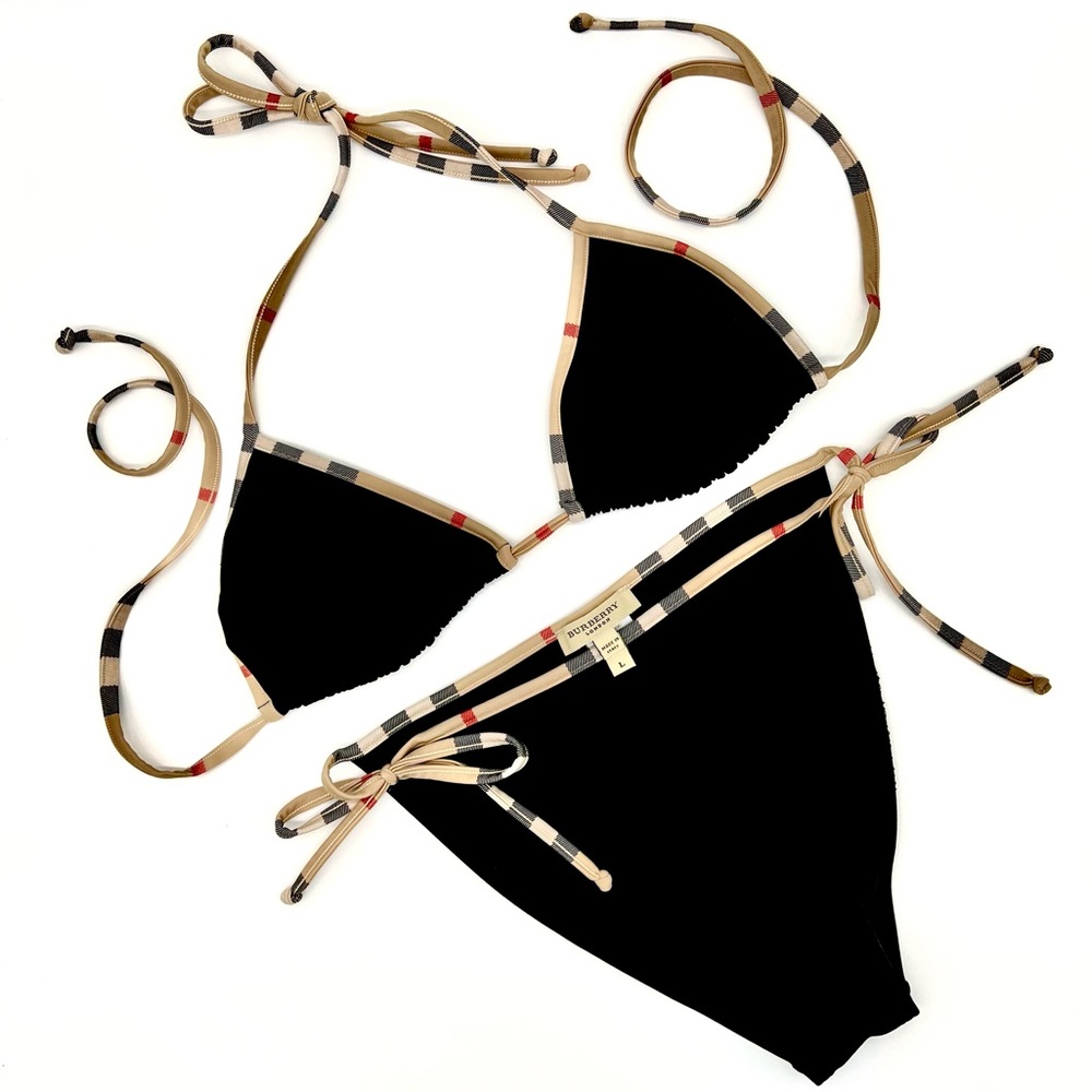 Burberry Bikini, Vintage Check Detail, Black Triangle 2 Piece Swimsuit, Large